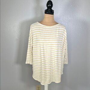 Jjill yellow white striped cotton 3/4 sleeves knit blouse M| coastal fall casual